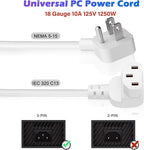 Adoreen 2 Ft Computer TV Replacement Power Cord White, Low Profile Flat Plug to 90 Degree Angled L-Shaped 18AWG 3-Prong AC Universal Power Supply Cable for Printer, PC, Monitor TV LCD, ETL+Ties