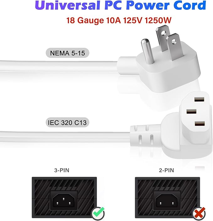 Adoreen 2 Ft Computer TV Replacement Power Cord White, Low Profile Flat Plug to 90 Degree Angled L-Shaped 18AWG 3-Prong AC Universal Power Supply Cable for Printer, PC, Monitor TV LCD, ETL+Ties