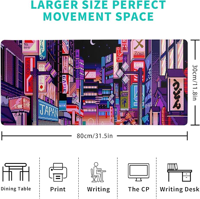 Dark Purple Japanese Gaming Mouse Pad Abstract Anime Mat 31.5x11.8 Inch Tokyo Pixel Street Texture Non-Slip Rubber Base Kawaii Mousepad Stitched Edges Keyboard Desk Pad for Office and Home Game