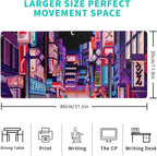 Dark Purple Japanese Gaming Mouse Pad Abstract Anime Mat 31.5x11.8 Inch Tokyo Pixel Street Texture Non-Slip Rubber Base Kawaii Mousepad Stitched Edges Keyboard Desk Pad for Office and Home Game