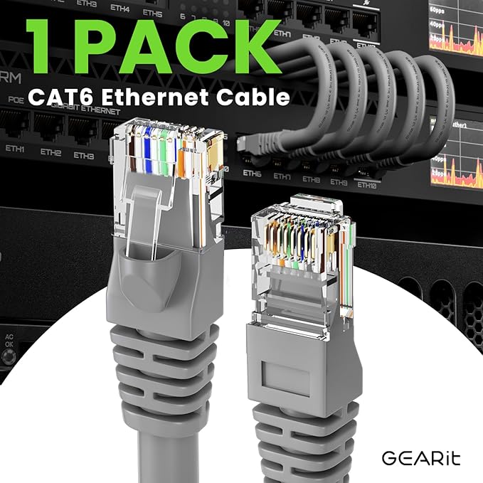 GEARit Cat 6 Ethernet Cable (1-Pack 14 Feet) Cat6 Network Patch, 10Gbps, RJ45, Snagless Cord, Gold-Plated Connectors, Internet for PC, TV, Tablet, Router, Printer, Servers, IT Data Center - Gray