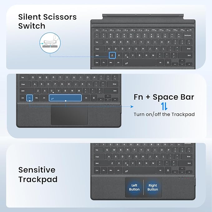 MoKo Type Cover Compatible with Microsoft Surface Pro 7 Plus 2021/ Pro 7 / Pro 6 / Pro 5 / Pro 4 /Pro 3, Lightweight Wireless Replacement Keyboard with Trackpad & Built-in Rechargeable Battery, Gray