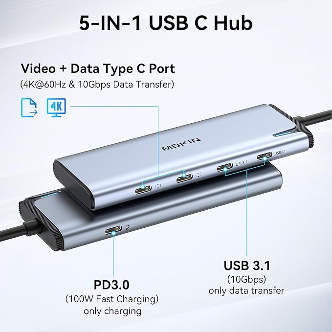 USB C to USB C Hub Dual Monitor, USBC Splitter with 4K@60Hz DP Alt Mode Video Output, 10Gbps Data Transfer, 100W PD Charging, Dual Monitor Adapter for Laptop, Portable Monitor and More Type C Devices