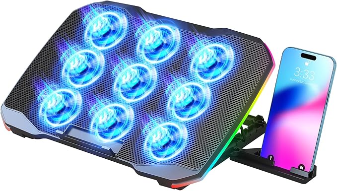 Laptop Cooling Pad, Gaming Laptop Cooler with 9 Quiet Fans, Laptop Cooling Stand for 12-17 Inch, Laptop Computer Fan with 5 Height Adjustable,2 USB Ports,1 Phone Stand
