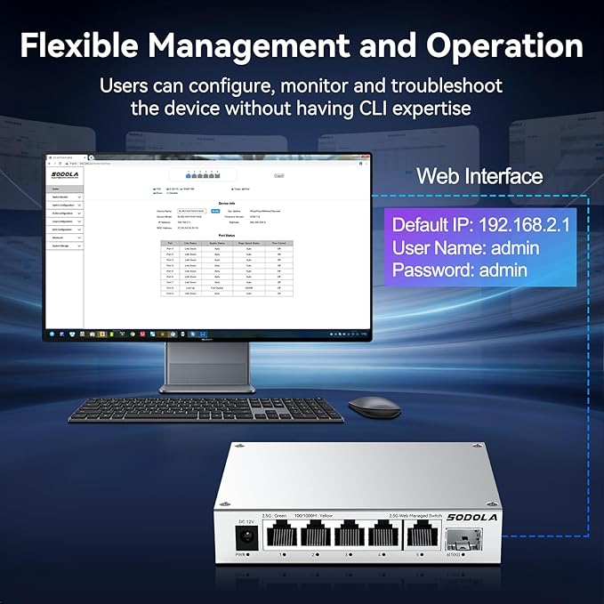 SODOLA 5 Port 2.5Gb Switch Managed, 5X 2.5G Base-T Ports, 1x 10G SFP+,Aluminum Alloy Cooling & Magnetic Mounting - LACP/QoS/VLAN/IGMP Web 2.5G Network Switch for Homelab