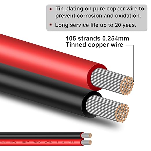 10 Gauge Wire 20FT Tinned Copper Wire-2 Conductor Parallel Wire Insulated Stranded Wire for Solar Panel Car Audio Automotive, Low Voltage Electrical Wire for LED Lighting (10AWG 20FT)