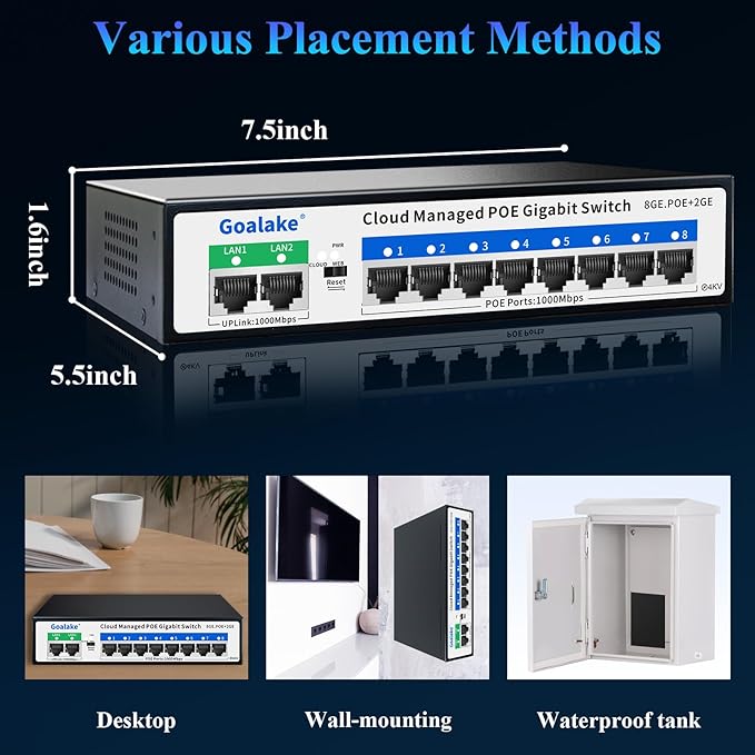8 Port Gigabit PoE Switch with 2*1000Mbps Uplink, Easy Managed 10 Port Gigabit POE Switch Compatible with IEEE 802.3af/at Devices@120W, AI PoE Auto Recovery&Extend, Vlan, Metal Pluy&Play