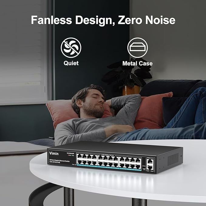 24 Port Gigabit PoE Switch with 2 Uplink Gigabit Ports, VIMIN 26 Port Unmanaged PoE Ethernet Switch with 320W Power, Support IEEE802.3af/at, VLAN, Metal Housing, 19 inch Rack-Mount, Plug and Play