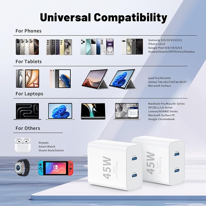 iPhone 16 15 Pro Max Charger Fast Charging,45W Dual Port USB C Fast Charger Block [2-Pack] & Extra Long 60W 3/6/10/10FT USB C Cable - PD Quick Adapter 3.0 for iPhone 16 15/16 15Pro/16 15 Plus.