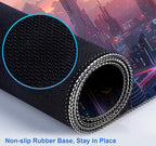 Digital Anime City Night View Office Art Desk Mat, Female Aesthetic Style Oversized Stitched Edge Laptop Keyboard Desk Mat 35.4 x 15.7 x 0.12 Inches