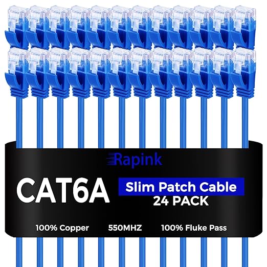 Rapink Patch Cables Cat6a 5ft (24 Pack) Slim, Cat6a Ethernet Patch Cable 10G Support, Snagless Cat 6 Patch Cable for Patch Panel to Switch, Flexiable Cat 6a Ethernet Cable with Gold Plated