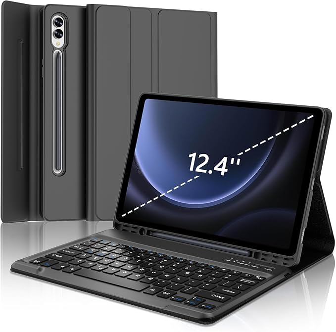 Galaxy Tab S9 FE+/ S9+ /S10+ 12.4 Inch Case with Keyboard, Detachable Bluetooth Keyboard with Pen Holder for Samsung Tab S10+ Plus/S9+ Plus/S9 FE+ Plus/S8+ Plus/S7FE/S7+ Plus 5G 12.4", Black