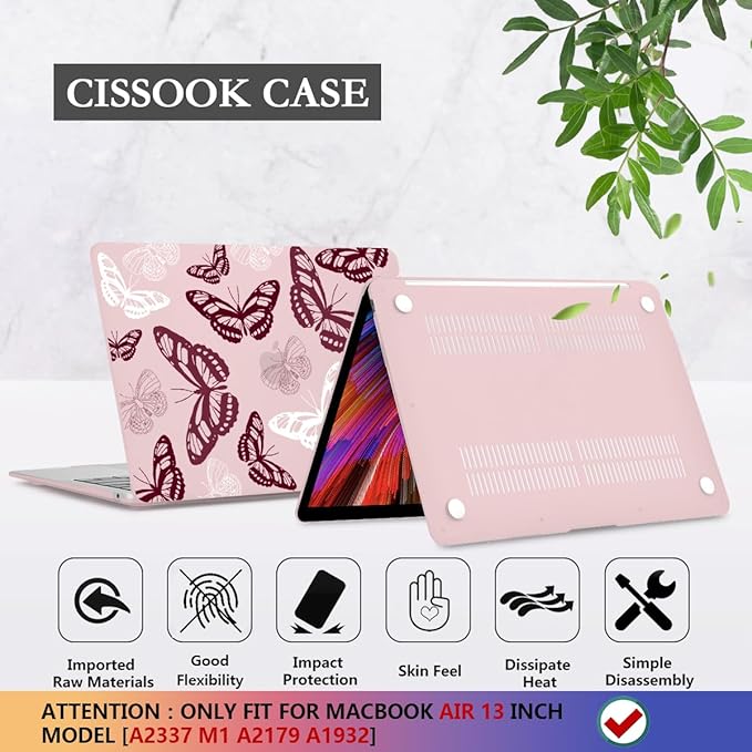 CISSOOK Butterfly Case for MacBook Air 13 Inch Pink 2021 2020 2019 2018 Release Model A2337 M1 A2179 A1932, Pink Cover with Keyboard Cover for MacBook Air 13 with Retina Display and Touch ID