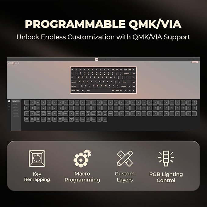 WK84 USB-C Wired Wooden Mechanical Keyboard, 75% Layout 84 Keys, RGB Backlit, Hot-Swappable Green Switches, QMK/VIA Programmable, for Gaming & Typing