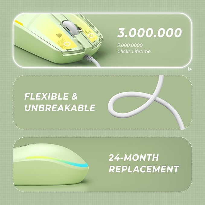 seenda Wired Mouse - USB Computer Mouse Wired with RGB Backlit Optical LED Mouse with Attached USB Cord for Laptops Notebooks Chromebook - Green