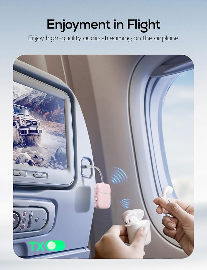 Nulaxy Air in-Flight Bluetooth Wireless Audio Transmitter Receiver for up to 2 AirPods Wireless Headphones, Bluetooth Adapter for All 3.5mm Aux Jacks on Airplanes, Gym Equipment, Pink