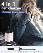Retractable Car Charger, 4 in 1 Fast Car Phone Charger 69W, 2 Retractable Cables and 2 USB Port, Compatible with iPhone 16/15/14/13/12/11,Galaxy,Pixel