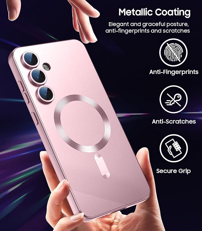 Magnetic for Samsung Galaxy S24 Case [Compatible with MagSafe][Built-in Camera Lens Protector] Slim Soft Silicone Bumper Shockproof Metallic Luster Phone Case (Rose Gold)