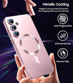 Magnetic for Samsung Galaxy S24 Case [Compatible with MagSafe][Built-in Camera Lens Protector] Slim Soft Silicone Bumper Shockproof Metallic Luster Phone Case (Rose Gold)