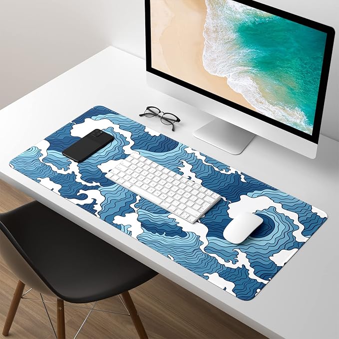 Extended Gaming Mouse Pad, Japanese Blue White Wave Mousepad, XL Large Mouse Mat Desk Pad 30 x 14 Inch, Waterproof Anime Mouse Pad with Stitched Edges and Non-Slip Base for Office Gaming