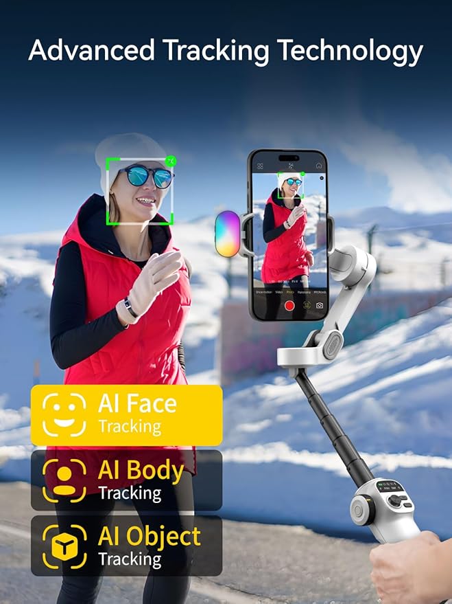 Gimbal Stabilizer for iPhone w/RGB Magnetic Fill Light, Foldable Gimbal w/7.8' Extension Rod & OLED Display for Vlogging & Filmmaking, Compatible with iPhone 16/15 Pro Max-Smart X2 Kit White