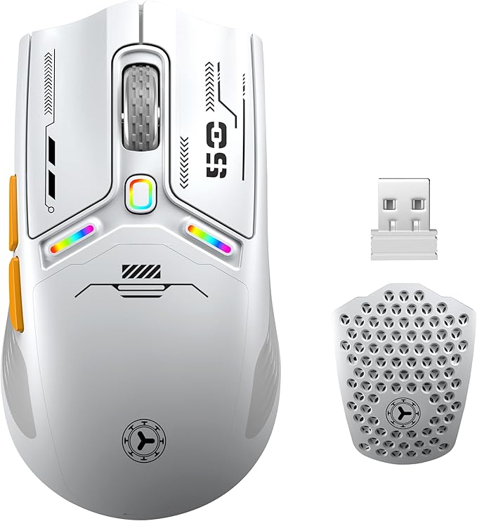 TENMOS M530 Wireless Gaming Mouse, 2.4G/Bluetooth/USB C Wired Rechargeable Mouse, 12000 DPI, RGB, 6 Programmable Buttons, Honeycomb Magnetic Cover, with Receiver Extender for Laptop/PC/Mac, White