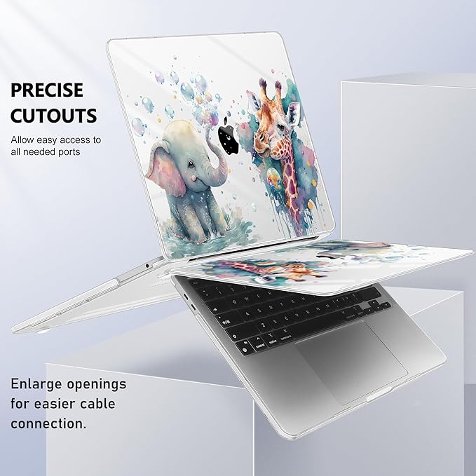 Case for MacBook Pro 13 inch with/Without Touch Bar (2016-2022, M2 A2338 M1 A2289 A2251 A2159 A1989 A1706 A1708), Hard Shell + Keyboard Cover + Dust Plug - Elephant & Giraffe