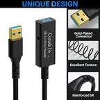 USB 3.0 Active Extension Cable 75 Feet, Long USB Type-A Male to Female Extender Cord, Built-in 3 Signal Booster Smart Chips, 5Gbps Transfer, Black USB Extension Cable with an AC Power Adapter (5V 2A)