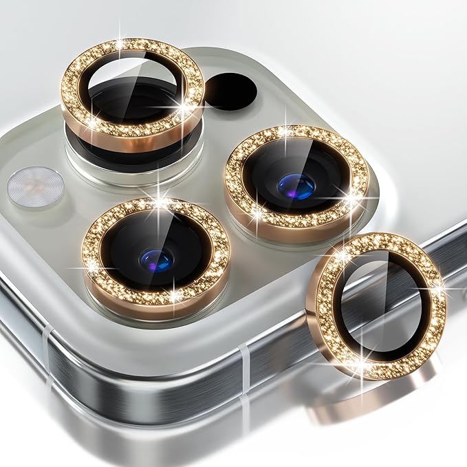 Choiche Compatible for iPhone 16 Pro/iPhone 16 Pro Max Camera Lens Protector Bling, 9H Tempered Glass Camera Cover Screen Protector Metal Ring Decoration Accessories (Glitter-Gold)