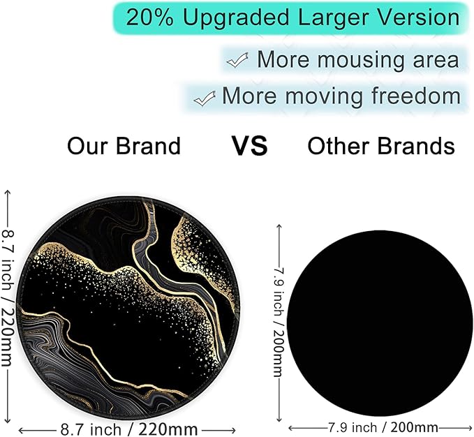 ITNRSIIET Round Mouse Pad with Stitched Edge Premium-Textured Waterproof Non-Slip Rubber Base Desktop Protection Mat Diameter 8.7 inches, Black Gold Marbling