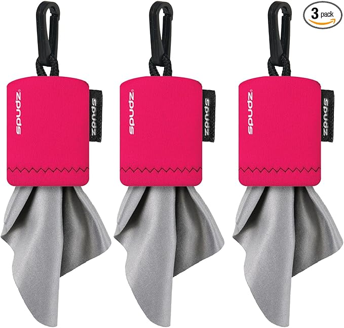 SPUDZ Classic Microfiber Lens Cleaner – Clip-On Pouch, Washable – for Binoculars, Scopes, Glasses, Screens | Pink, 6 x 6 Inch (3-Pack)