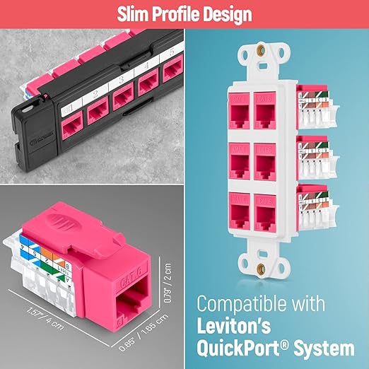 Everest 45° Angled RJ45 Cat6 Keystone Jacks 10-Pack in Pink - Slim Profile Female RJ45 Connectors - Cat 6 Keystone Jack - Compatible with 45° Angled Speed Termination Tool - 45Term (B0BL3GS7ZY)