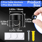 3 Sets Charger Holders for Cords, Matte Black Color Adjustable Cable Anchor Holders, Adhesive Metal Cord Clips, Cable Management Wire Organizers for Desk, Office, Nightstand