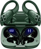 PocBuds Bluetooth Headphones Wireless Earbuds 80hrs Playtime Wireless Charging Case Digital Display Sports Ear Buds with Earhook Deep Bass IPX7 Waterproof Over-Ear Earphones for TV Phone Laptop Olive