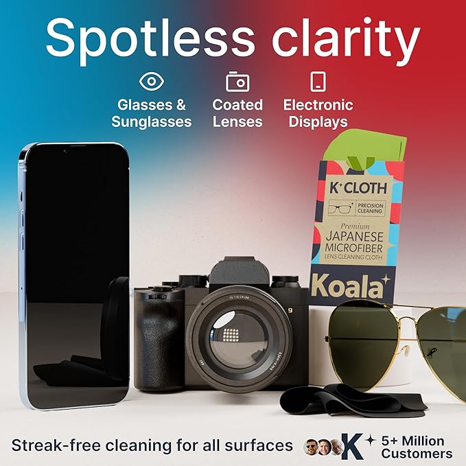 Koala Lens Cleaning Cloth | Japanese Microfiber | Glasses Cleaning Cloths | Eyeglass Lens Cleaner | Eyeglasses, Camera, VR/AR Headset, and Screen Cleaner | Black & Green (Pack of 12)