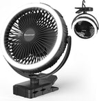 Camping Rechargeable Fan, Battery Operated with Timer, Powerful Airflow Portable Fan, Strong Clip with Light & Hook for Tent Outdoor Travel BBQ Hurricane Power Outage