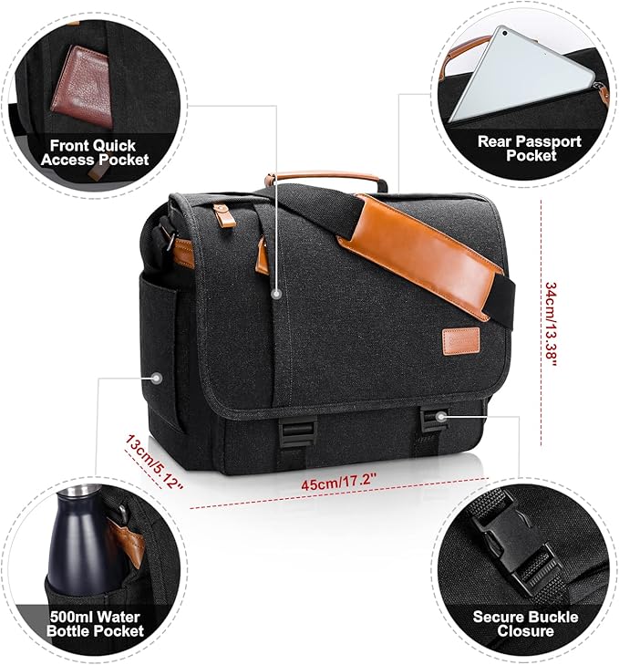 ESTARER Men Messenger Bag 15.6 inch, Water-resistant Canvas Computer Work Bag, Laptop Shoulder Bag Briefcase Satchel, Dark Grey