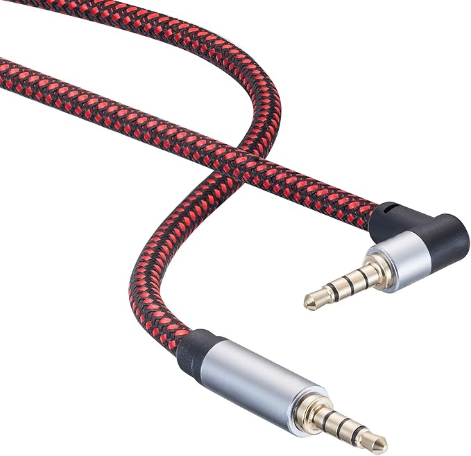 Male to Male Audio Cable 3Ft, 90 Degree TRRS 3.5mm 4 Pole Nylon Braided Stereo Aux Cable for Headphones, PS4, Phone, Tablets, Headset, PC, Laptop and More (3Ft)
