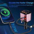 Retractable Car Charger,5 in 1 Fast Car Phone Charger 90W,Bluetooth 5.3 FM Transmitter Adapter,Handsfree Call,2 Retractable Cables and USB Cars Chargers for iPhone 15/14/13 (Pink)