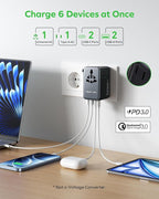 MOMAX Universal Travel Adapter, GaN 100W International Power Adapter, 2 AC, 2 USB-C PD Fast Charging & 2 USB-A QC, All-in-one International Plug Adapter for Travel European UK AUS JP