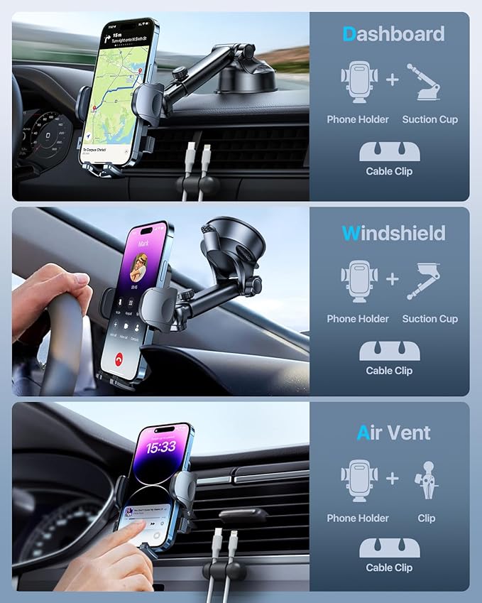 HTU [True Military-Grade] 2025 Upgraded Car Phone Holder 【Safety Certs & No Smell】 Cell Phone Holder for Car Mount for Dashboard Windshield Air Vent Long Arm Thick Case,Grey