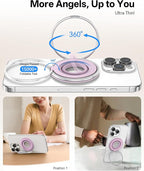 [2025 Newest] Magnetic Phone Grip for MagSafe Ring Holder, Magnet Phone Grip Stand Finger Kickstand Two-Sided Magnetic Compatible with iPhone 16 Pro/Max 15 14 13 12 11 Plus&Android (Pink)