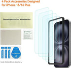 4 Pack Anti Blue Light Screen Protector for iPhone 16 plus /15 plus [6.7inch] with Installation Frame,9H+ Anti Blue Light Tempered Glass, Anti-Scratch, Case Friendly