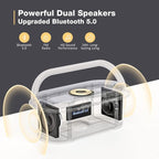 Bluetooth Speaker with Wireless Charger, FM Radio, Dimmable Bedside LED Night Light, Stereo Sound Dual Wireless Speakers, 2500mAh Portable Speaker for Home Decoration, Bedroom, Office, Gift