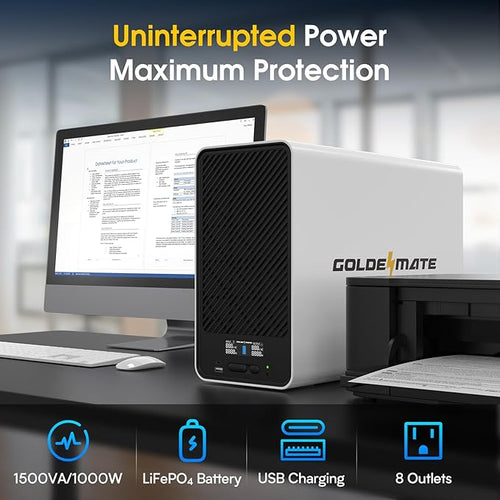 1500VA/1000W Lithium UPS Battery Backup and Surge Protector, Backup Battery Power Supply with LiFePO4 Batteries(296Wh), AVR, Line Interactive Sinewave UPS System, 8 Outlets, LCD Display