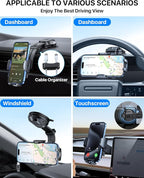 YRU [2025 Ultimate Car Phone Holder Mount [Bendable & Adjustable Aluminum Arm] Cell Phone Holder for Car Dashboard Windshield Phone Stand for iPhone 16 15 14 13 Pro Max Samsung Pickup Truck, Black