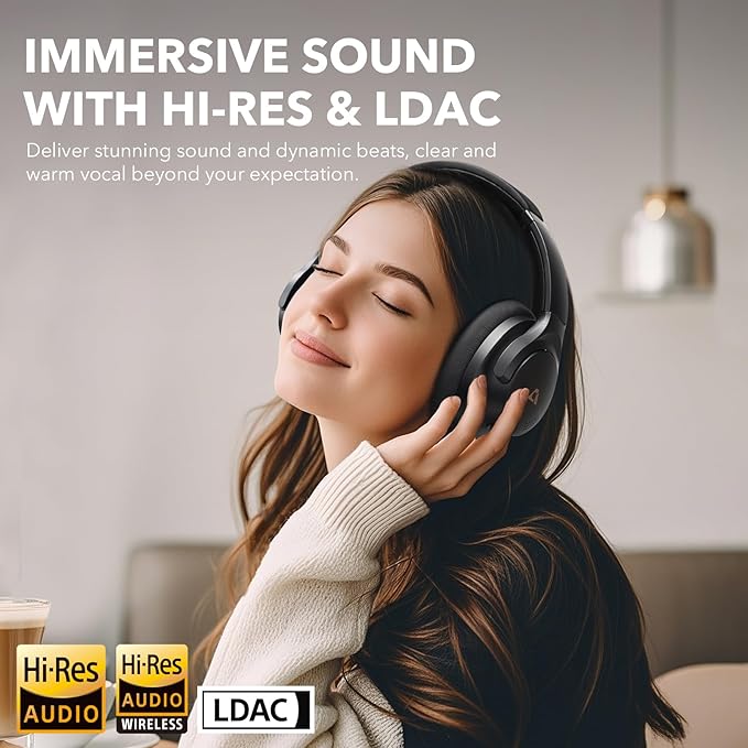 1Mii Y8+ Noise Cancelling Headphones Bluetooth, Wireless LDAC Hi-Res Audio, Custom EQ via App, 75H Playtime, Comfort Fit, Over Ear Headphones Foldable for Airplane Travel Home Office Black