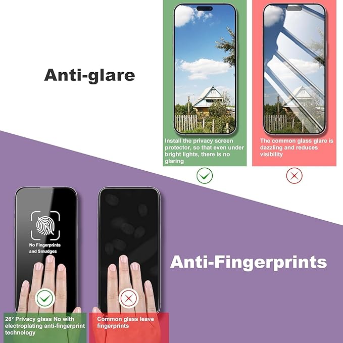 Privacy Screen Protector for iPhone 17, iPhone 16 Pro 6.3-Inch, Auto Dust Removal, 9H Tempered Glass, Full Cover, Anti-Fingerprint, Easy Installation,2 Pack