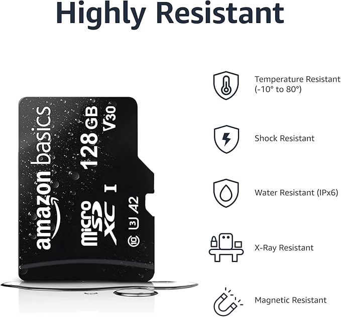 Amazon Basics Micro SDXC Memory Card with Full Size Adapter, A2, U3, Read Speed up to 100 MB/s, 128 GB, Black