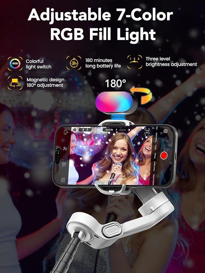 Smart X2 3-Axis Gimbal Stabilizer for Smartphone with Adjustable RGB Fill Light, Built-in 20cm Extension Pole Selfie Stick, OLED Screen for Night Shots, Video Recording,X2 KIT White